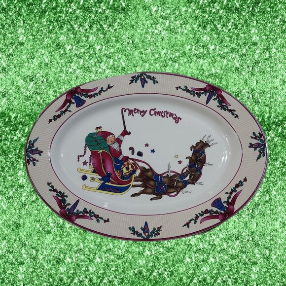 Christmas Holiday Santa 14" X 10”Oval Serving Platter Santa Reindeer GEI - Picture 1 of 10